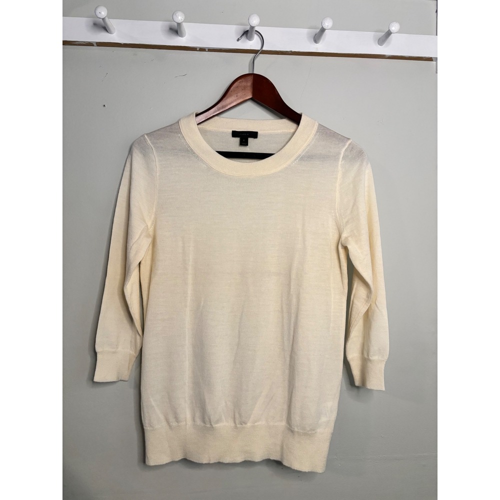 J Crew Womens Small 100 Merino Wool 3/4 Sleeve Crewneck Sweater Cream